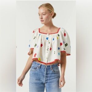 CAROLINE CONSTAS EMBROIDERED FLORAL POPLIN BLOUSE NWT BOHEMIAN‎ RESORT-WEAR BOHO